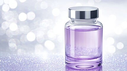 Naklejka premium Elegant Purple Liquid in Glass Bottle on Sparkling Background