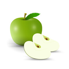 A fresh green apple stands tall, accompanied by two neatly sliced pieces, revealing the crisp white flesh inside