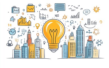 Business concept handdrawn illustration with a central light bulb, buildings, and various business icons such as charts, gears, and laptops, set on a white background