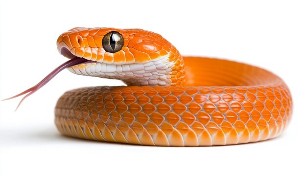 Bright orange snake with white underbelly, coiled on white background, tongue flicking out.