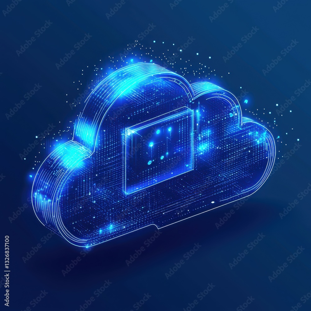Poster innovative concept of cloud computing with a computer positioned on top of a floating cloud in a dig