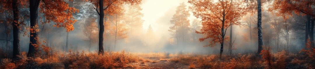 Fototapeta premium Golden Hour Glow Filtering Through Autumn Forest. Generative AI