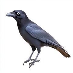 Fototapeta premium Closeup view of a sleek, dark gray crow with a distinctive, thick beak, set against a plain white background. The bird is sharply in focus, showcasing its feathers and strong legs.