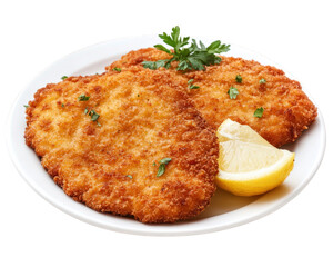 Crispy golden pork schnitzel served with lemon and fresh parsley garnish, perfect for delicious meal