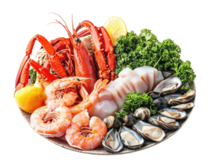 Fresh seafood platter with shrimp, crab, oysters, and fish garnished with lemon and greens, perfect for delightful meal