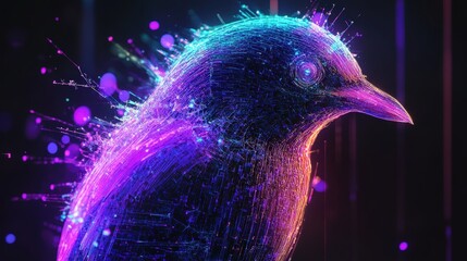 A neon-colored bird composed entirely of broken pixels and holographic static