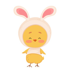 Cute chicken is dressed in white bunny costume. Easter cheerful character wearing hat with long ears. Isolated vector image for decoration, print, holiday, congratulations