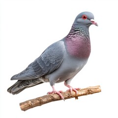 Gray and pinkish purple pigeon perched on a small brown branch against a white background. The bird is detailed and in sharp focus.
