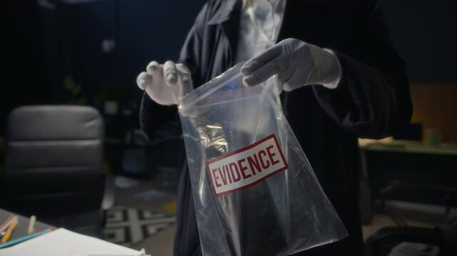 Cropped shot of unrecognizable forensic specialist in sterile gloves putting mobile phone into evidence bag and zipping it, collecting evidence at crime scene in office