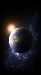 A stunning minimalist cosmic backdrop featuring the earth in space with a single planet soaring amidst the stars