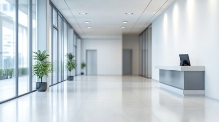 Fototapeta premium Modern office lobby with clean design, conveying simplicity and professionalism in a serene workspace. 