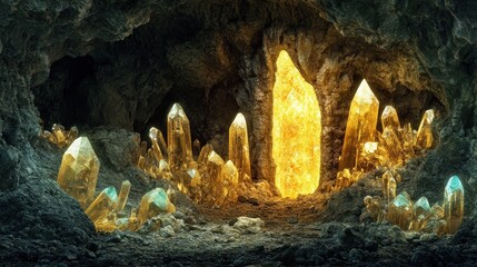 Glowing crystal formations in a dark cave, illuminated by a central golden crystal