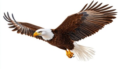 Obraz premium A majestic bald eagle in flight against a stark white background. The eagle's brown and white feathers are detailed, and its talons are extended. 