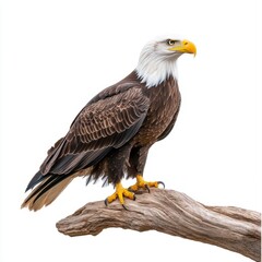 Obraz premium Majestic bald eagle perched on weathered driftwood against a white background. The eagle's plumage is detailed, showing brown, white, and yellow accents. Its gaze is directed to the right.