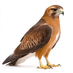 Obraz premium A majestic brown hawk with white undertail coverts is perched against a stark white background. The bird's sharp gaze and detailed plumage are clearly visible.