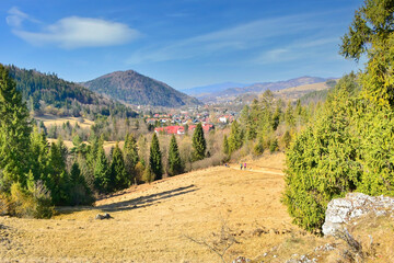 Scene in Pieniny mountains on a  sunny early spring day, Szczawnica, Poland