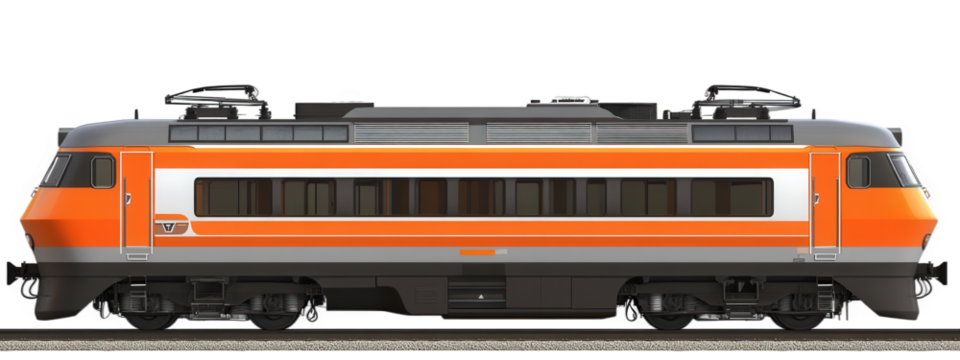 Train illustration in orange and gray colors, showcasing modern design with windows and details. Ideal for transportation and travel themes