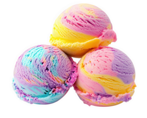 Colorful triple scoop of rainbow sherbet ice cream with vibrant swirls, perfect for refreshing treat on sunny day. Indulge in this delightful dessert