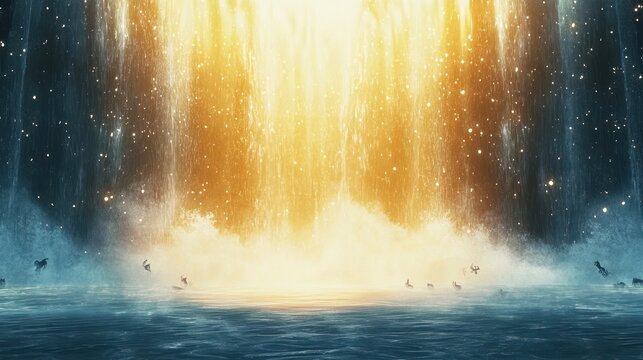 An illuminated waterfall flowing into a shimmering water surface