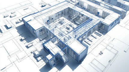 A precise technical blueprint of a hospital with modular patient care units