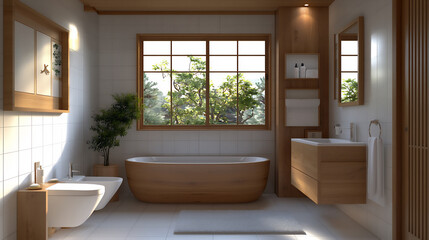 Fototapeta premium japanese bathroom with natural wood decor
