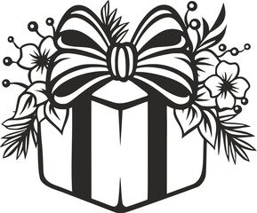 Christmas Gift Box with Bow and Flowers Outline - Black Vector Illustration