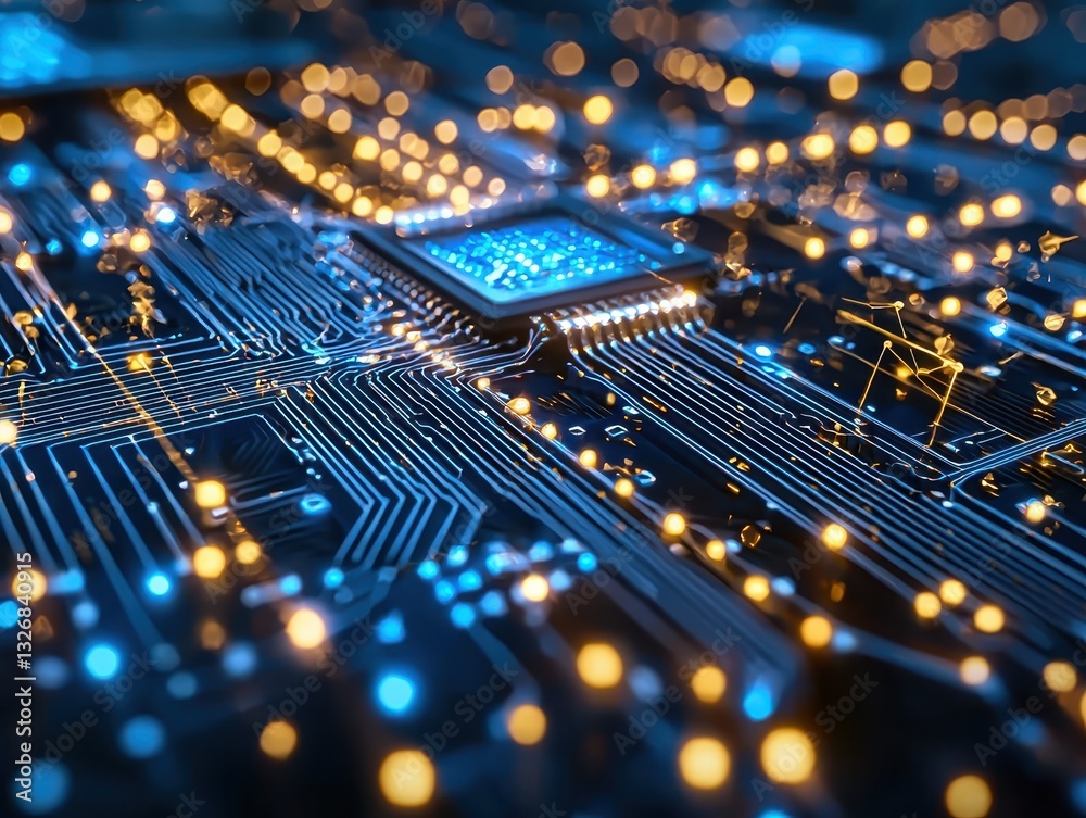 Poster a complex circuit board displaying numerous lights representing the intricacies of digital networkin