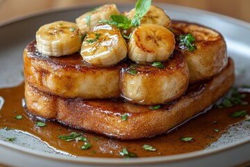 Delicious French Toast with Caramelized Banana and Maple Syrup Garnish