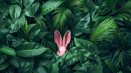 Minimalist Spring Abstract Jungle Background with Green Tropical Palm Leaves and Pink Bunny Ears