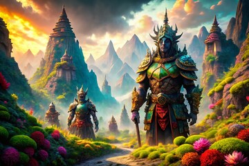 Fototapeta premium Epic Fantasy Landscape: Giant Warriors & Majestic Mountains - Macro Photography