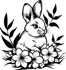 Cute Easter Bunny Outline - Black Vector Illustration
