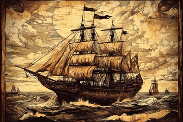 Sailing ship at sea, night, full moon, ocean waves, historical illustration, pirate theme