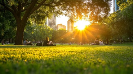 Obraz premium Sunset Over a Park with People Relaxing and Enjoying the Outdoors. Generative AI