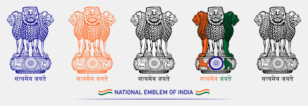 Ashok pillar vector sign symbol set in different style. Satyamev jayate, Ashok stambh symbol. National emblem of india, Government of India. Isolated vector illustration. Flat design.