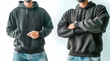Two men modeling different colored hooded sweatshirts apparel pieces