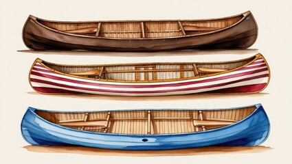 Three Vintage Wooden Canoes Brown Striped and Blue Watercraft Illustrations