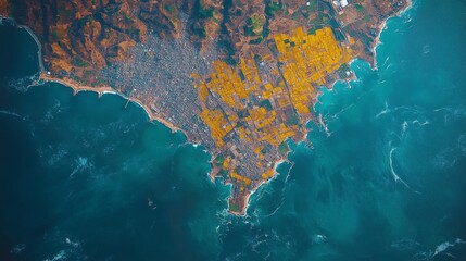 This satellite observation highlights a coastal area with a rich blend of urban landscapes and agricultural fields.