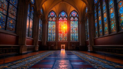 Obraz premium Grand hall bathed in sunset through stained glass
