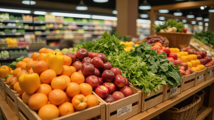Obraz premium Fresh fruits and vegetables displayed in grocery store, showcasing vibrant colors and variety