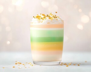A colorful layered dessert drink topped with whipped cream and yellow sprinkles, set against a soft, shimmering background.