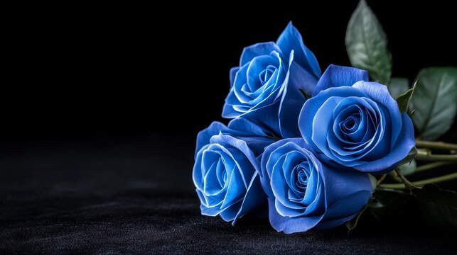 Vibrant blue roses with intricate petal details, set against a dramatic black velvet background, evoking a sense of mystery and sophistication
