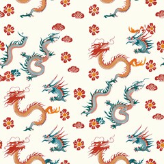 Minimalistic Clean Asian Dragons Pattern with Repeating Tiles and Simple Lines