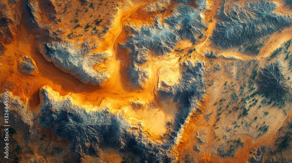 Poster satellite technology provides insights into the geographic features of a vast, rugged terrain illumi