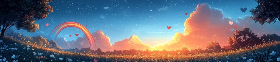 Stunning Visual of Heart-Filled Sky with Rainbow at Sunset. Generative AI
