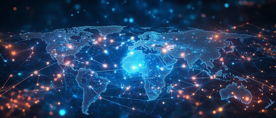 Fototapeta premium Techinspired world map with glowing data nodes, digital grids, and dynamic data transmission lines representing the interconnectedness of global communication networks