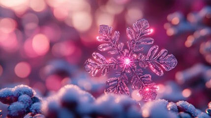 Sparkling pink snowflake in snow-covered branches, beautiful winter scene, ideal for holiday cards