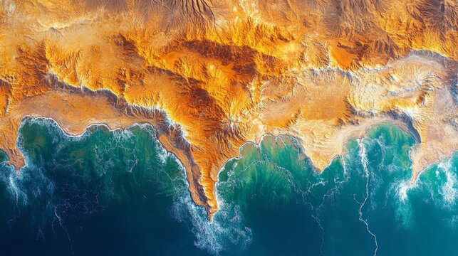 This high-resolution satellite imagery captures detailed coastal landscapes showcasing the intersection of land and ocean. Geospatial analysis reveals significant features and patterns.