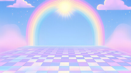 Dreamy pastel rainbow over a checkered floor under a bright sky, creating a whimsical fantasy scene for imaginative concepts.