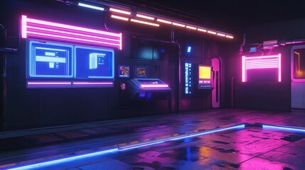 Fototapeta premium Neon-lit futuristic control room