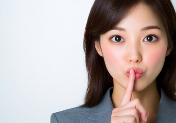 Naklejka premium Close up portrait of a young woman with dark hair, wearing a gray suit jacket, holding a finger to her lips in a gesture of silence against a white background.